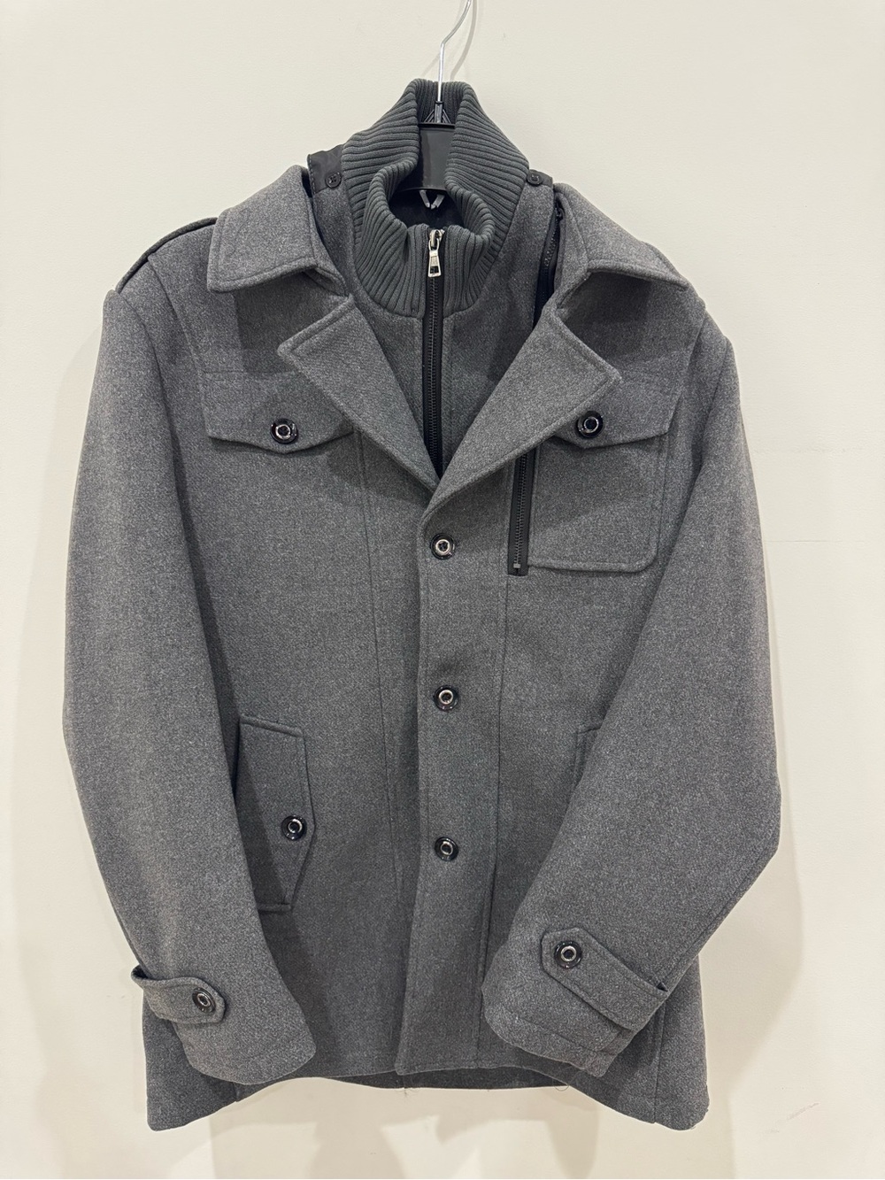 Men's Gray Wool Blend Button Front Jacket with Zip Mock Collar